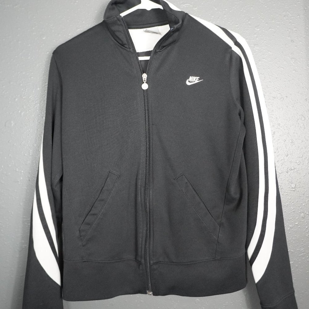 Nike Womens Black White Striped Zip Up Workout Retro Track Jacket Size Medium